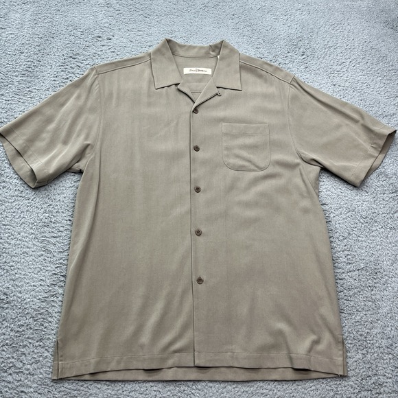 Tommy Bahama 100% Silk Shirt Mens Medium Beige Button Loop Collar Beach - Picture 1 of 14